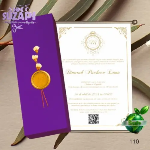 Convite Pergaminho 15 Anos Roxo com Dourado + Lacre de Cera