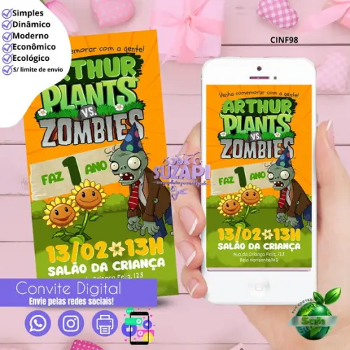 Convite Plants Vs. Zombies Digital Virtual Whatsapp