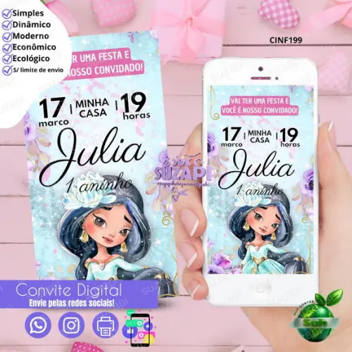 Convite Princesa Jasmine Digital Virtual Whatsapp