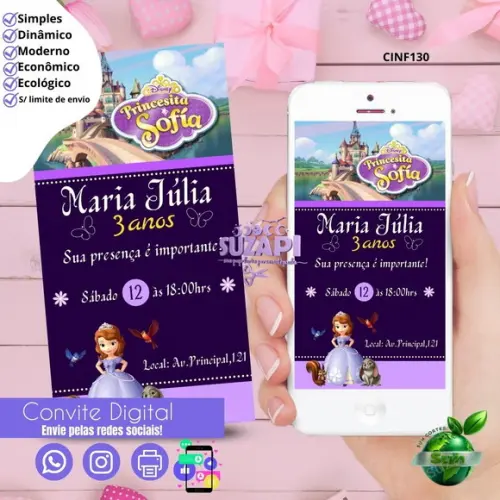 Convite Princesinha Sofia Digital Virtual Whatsapp