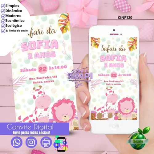 Convite Safari Rosa Digital Virtual Whatsapp