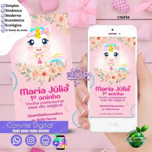 Convite Unicórnio 2 Digital Virtual Whatsapp