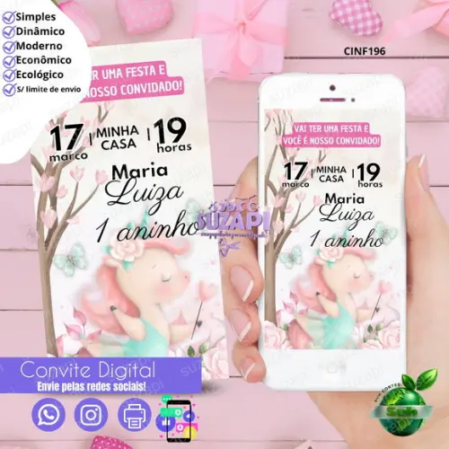 Convite Unicórnio Aquarela Digital Virtual Whatsapp