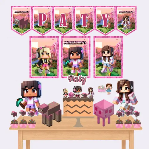 Kit Festa só um Bolinho Minecraft Menina - Decoração de aniversário - Festa infantil - Lembrancinha - Mesversário - Aniversário