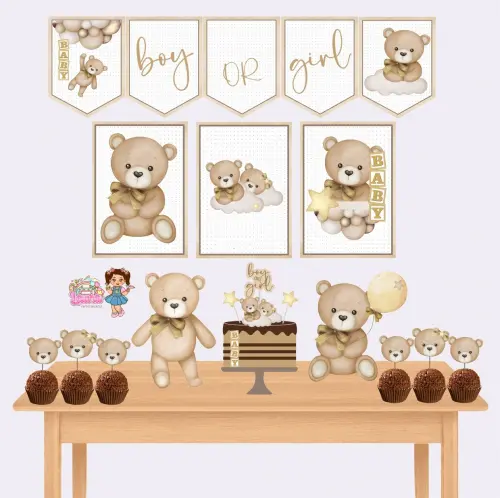 Kit Festa só um Bolinho Ursinho Neutro - Decoração de aniversário - Festa infantil - Lembrancinha - Mesversário - Aniversário