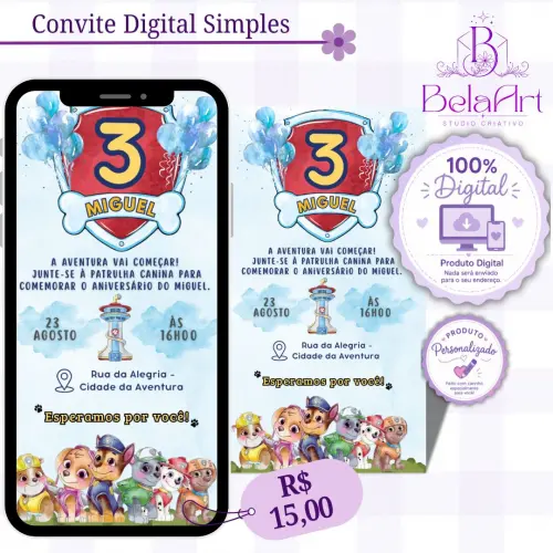 CONVITE DIGITAL PERSONALIZADO - Patrulha  Canina
