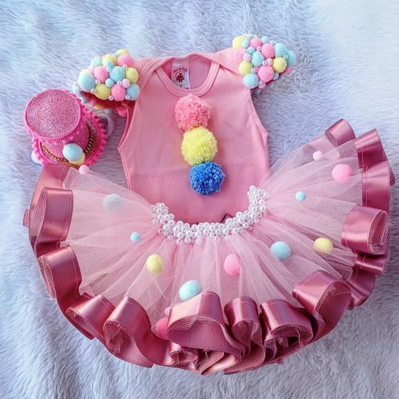 Conjunto Tutu Luxo Palhacinha Circo Rosa até 2 Anos