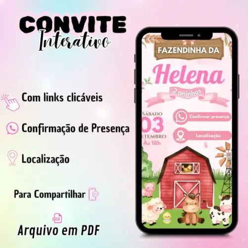 Convite Interativo Fazendinha Rosa