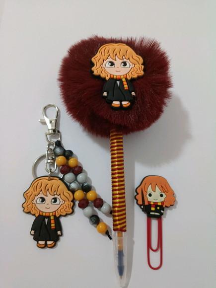 Kit Harry Potter Caneta Pompom + Chaveiro + Clips Decorado