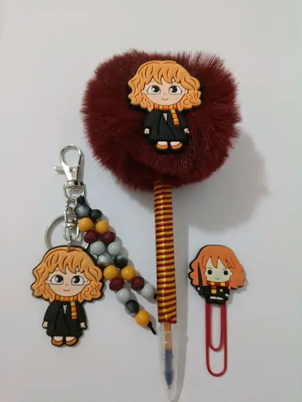 Kit Harry Potter Caneta Pompom + Chaveiro + Clips Decorado