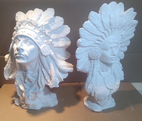 Escultura Busto Xama Casal de Caboclos Índio e Índia Xamã