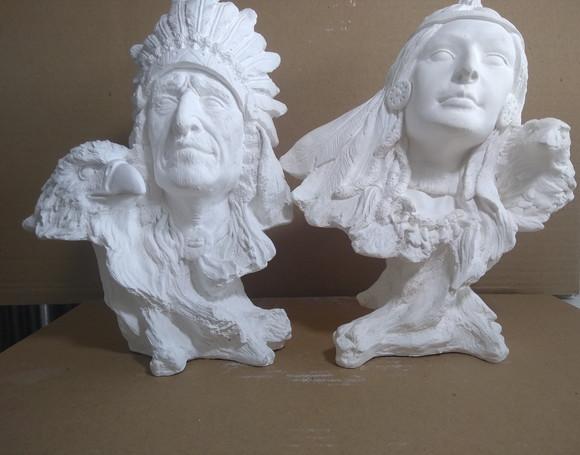 Escultura Casal de Bustos da Índia + Índio 100% em Gesso Cru