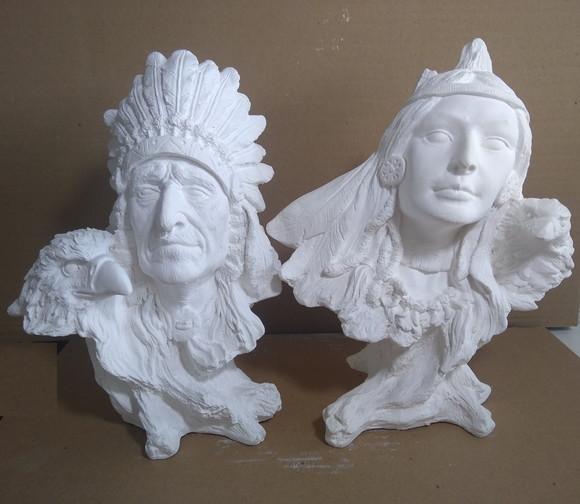 Escultura Casal de Bustos da Índia + Índio 100% em Gesso Cru