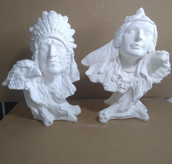 Escultura Casal de Bustos da Índia + Índio 100% em Gesso Cru