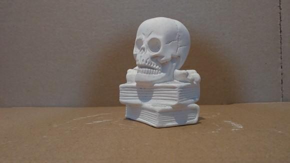 Escultura Caveira em Cima do Livro Cranio no Livro Gesso Cru
