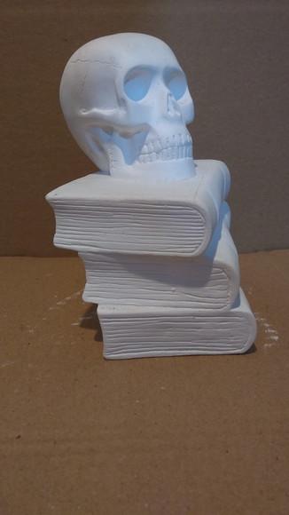 Escultura Cranio no Livro Caveira em Cima do Livro Gesso Cru