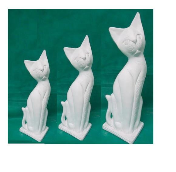 Escultura Trio Gato Flor em Gesso Cru para Pintar