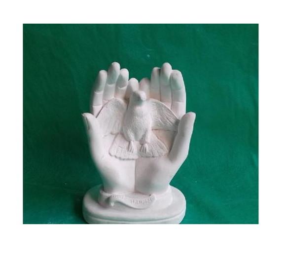 Mão da Paz Imagem Mão com Pomba da Paz Escultura Gesso Cru