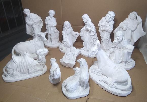 Presépio de Natal 13 Peças Esculturas Gesso Cru c/ 10 a 23cm