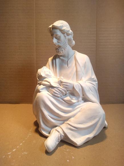São José Sentado com Menino Jesus no Colo Imagem Gesso Cru