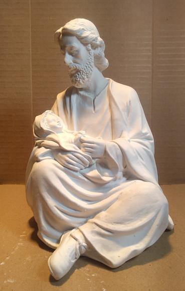 São José Sentado com Menino Jesus no Colo Imagem Gesso Cru