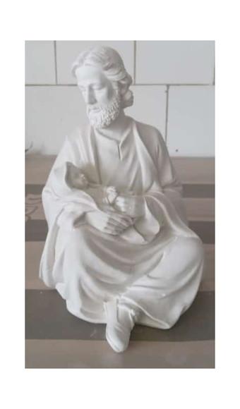 São José Sentado com Menino Jesus no Colo Imagem Gesso Cru