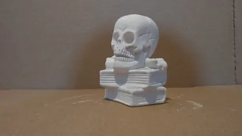 Escultura Caveira em Cima do Livro Cranio no Livro Gesso Cru
