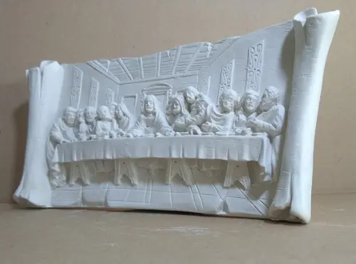 Escultura Santa Ceia Pergaminho de Mesa em Gesso Cru