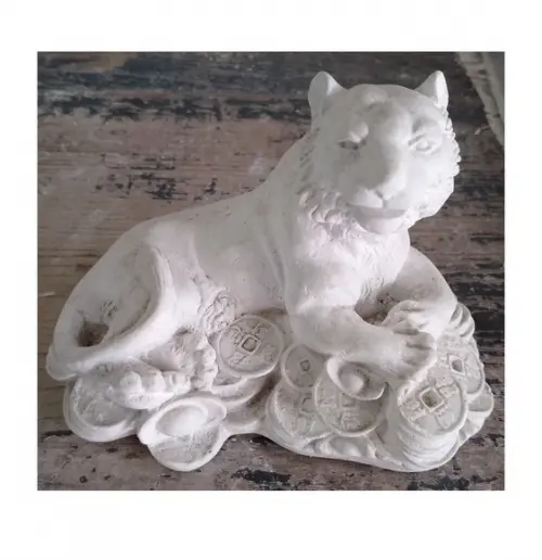 Tigre Imagem Tigre com Moedas Escultura em Gesso Cru
