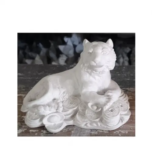 Tigre Imagem Tigre com Moedas Escultura em Gesso Cru