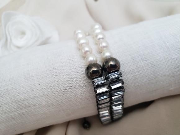 Bracelete Grafite com Cristais e Pérolas Naturais