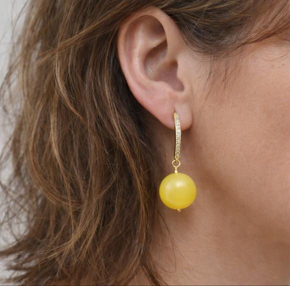 Brinco Anzol de Zircônias com Pedra Ágata Amarela - Semijoia