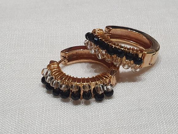 Brinco Argola Banhado com Cristais Preto e Transparente