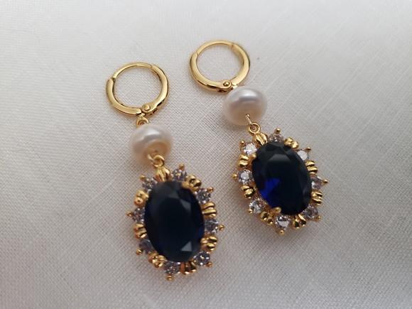 Brinco Argola com Pérola Natural e Cristal Azul Safira