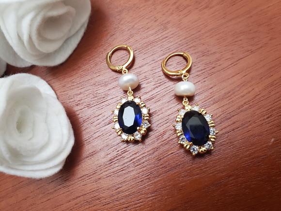 Brinco Argola com Pérola Natural e Cristal Azul Safira