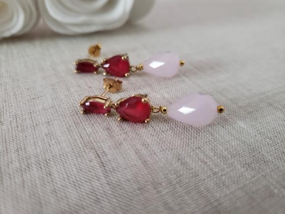 Brinco Banhado com Cristal Rubilita e Quartzo Rosa