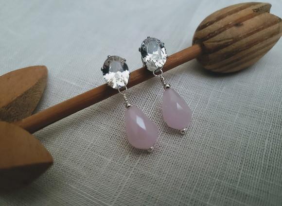 Brinco Banhado com Cristal Transparente e Quartzo Rosa