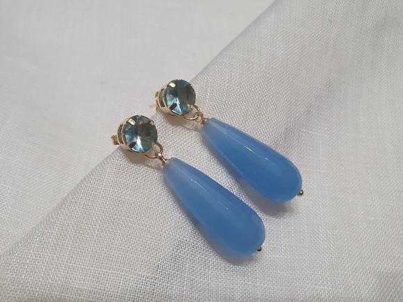 Brinco de Pedra Natural Jade Azul e Cristal Água Marinha