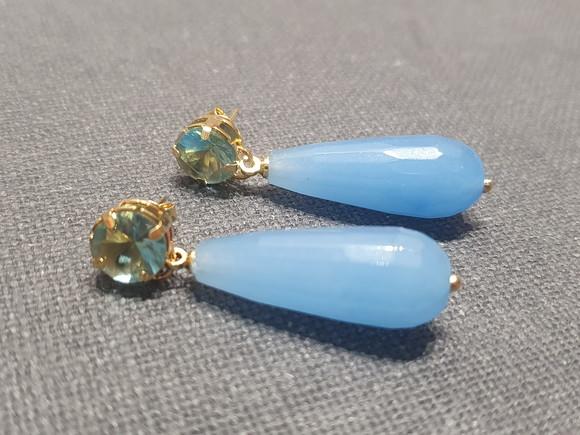 Brinco de Pedra Natural Jade Azul e Cristal Água Marinha