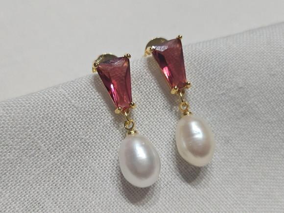 Brinco de Pérola Natural e Cristal Cherry