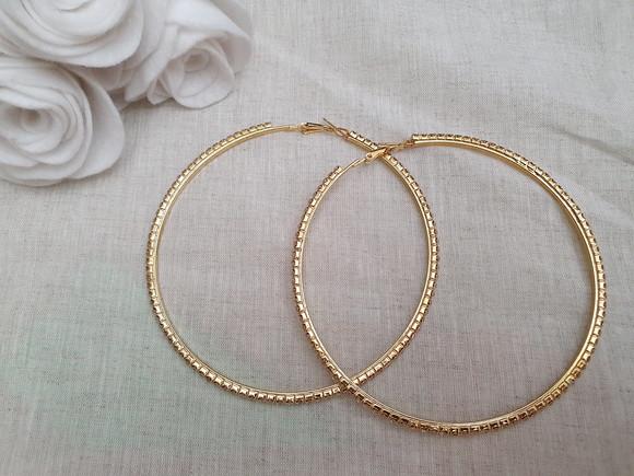 Brinco Dourado Argola com Cristal Transparente 9cm