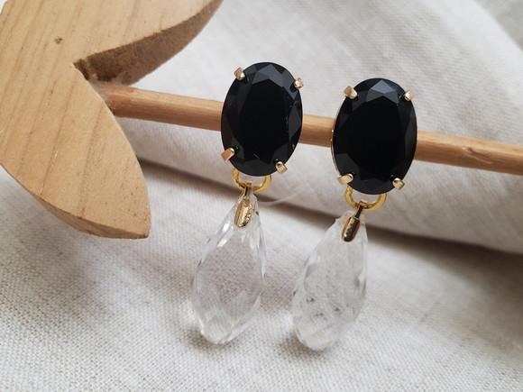 Brinco Dourado Banhado com Cristal Preto e Transparente