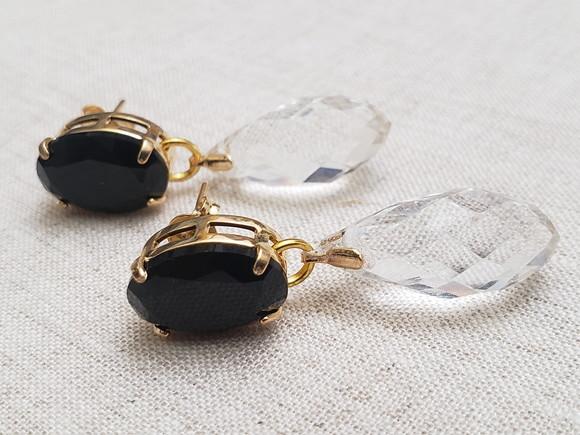 Brinco Dourado Banhado com Cristal Preto e Transparente