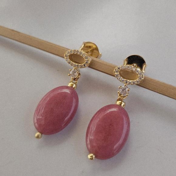Brinco Dourado com Mini Cristais e Pedra Natural Jade Rosa