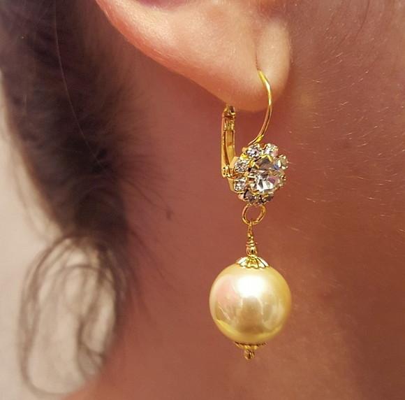 Brinco Gancho de Cristal e Pérola Shell Champagne