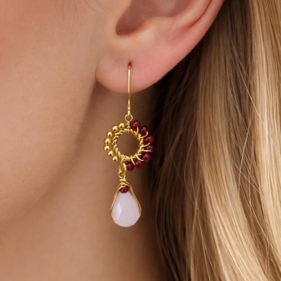 Brinco Gancho Dourado com Cristais Rubi e Rose de France