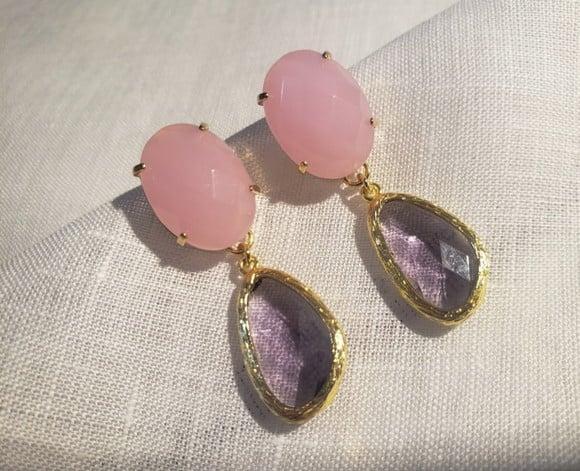 Brinco Pino Banhado com Cristal Rosa e Anetista