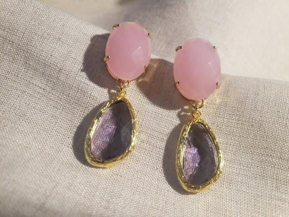 Brinco Pino Banhado com Cristal Rosa e Anetista