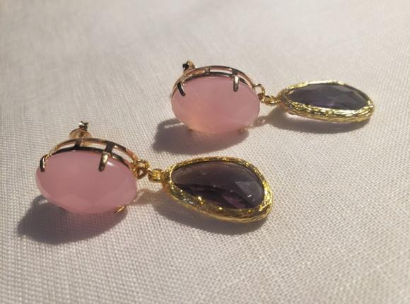 Brinco Pino Banhado com Cristal Rosa e Anetista