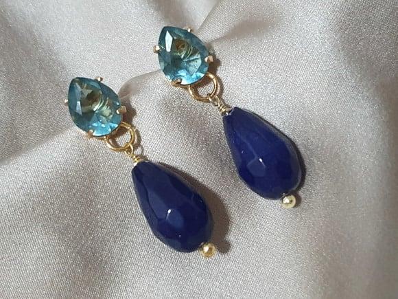 Brincos de Pedra Ágata Azul e Cristal Água Marinha